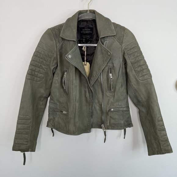 AllSaints Leather Sail Biker Moto Jacket Green Women's Size US 6 NWT Distressed - Picture 2 of 14